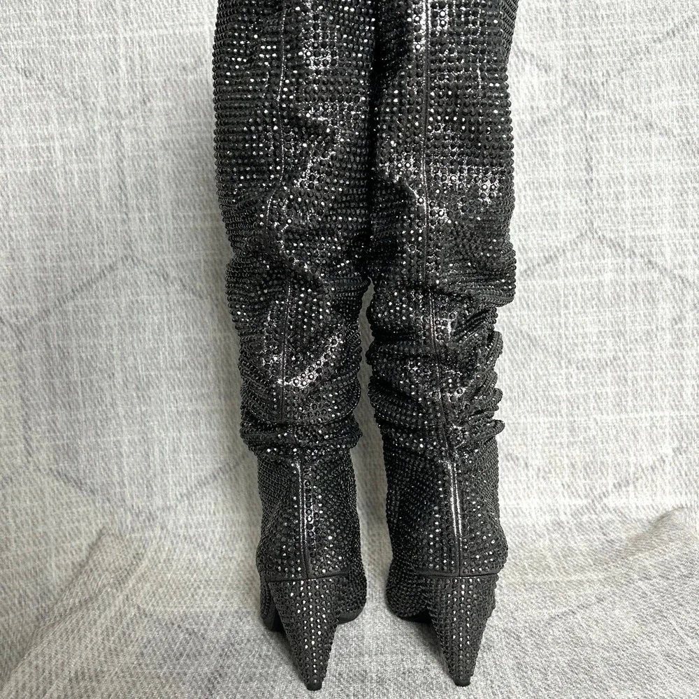 INC Gerii Pewter‎ Rhinestone Sparkly Slouch Boots Women's Knee High Block Heel